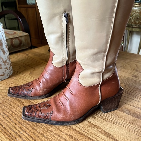 Tan and Brown Heeled Boots - Picture 2 of 9